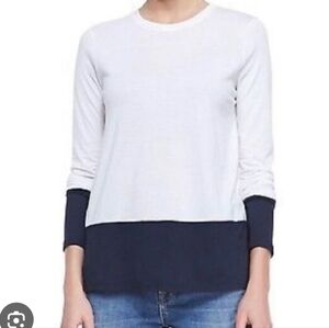 Vince T-Shirt Women Long Sleeve SzM White-Navy Cotton Lightweight Summer